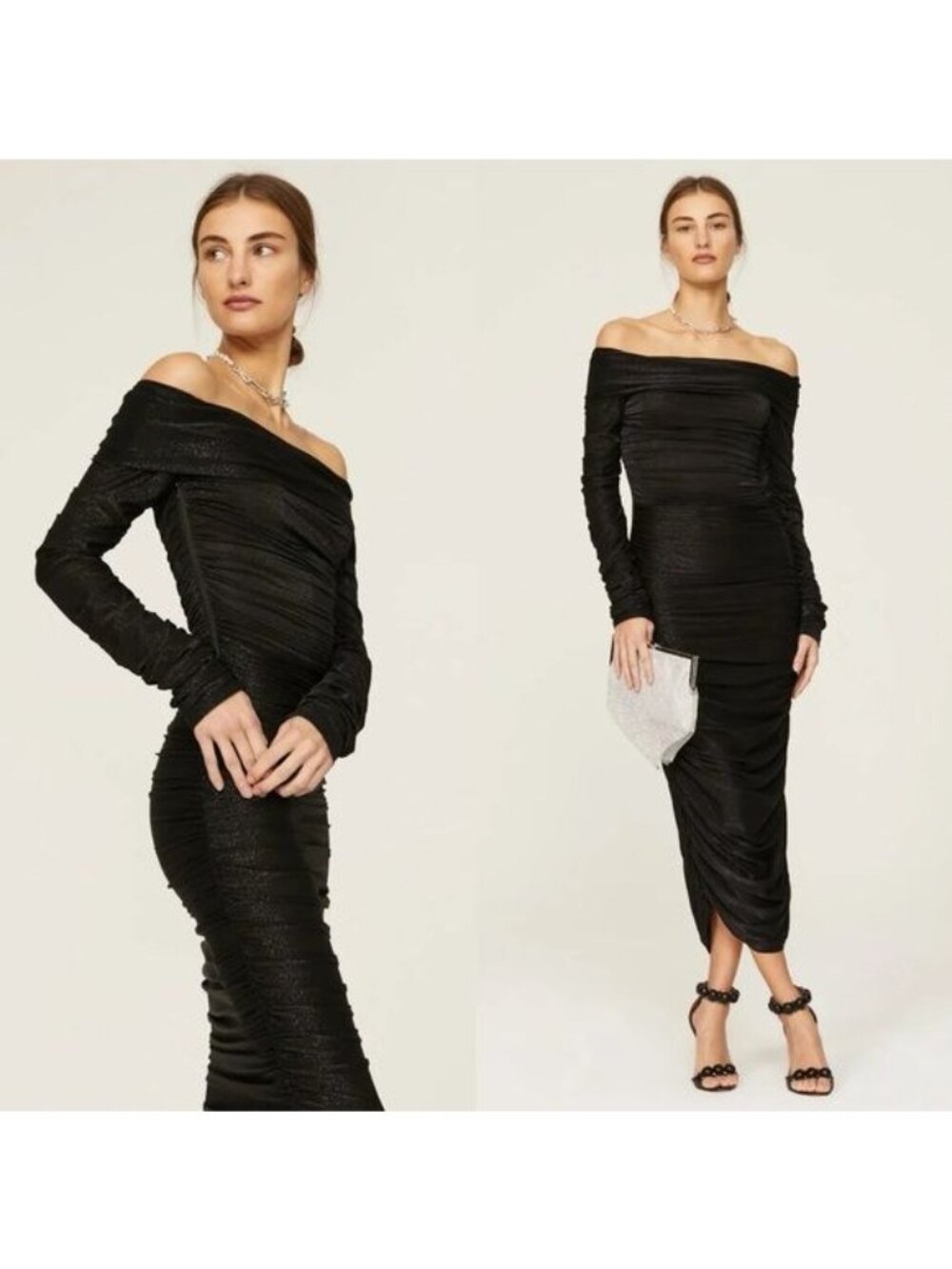 Bronx and Banco Amara Off The Shoulder Linen Midi Dress L Black Ruched Sparkle